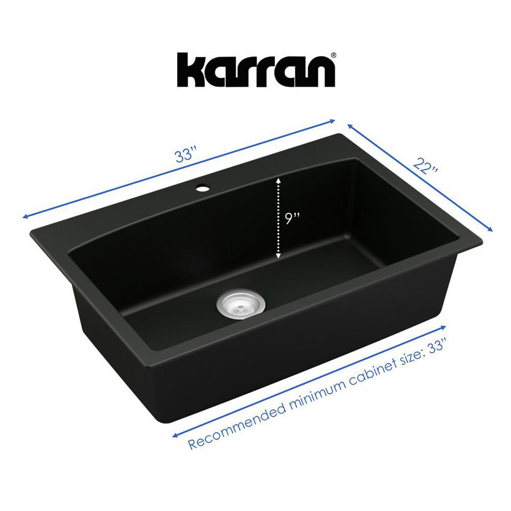 Drop-In Quartz Composite 33 in. 1-Hole Single Bowl Kitchen Sink in Black - Super Arbor