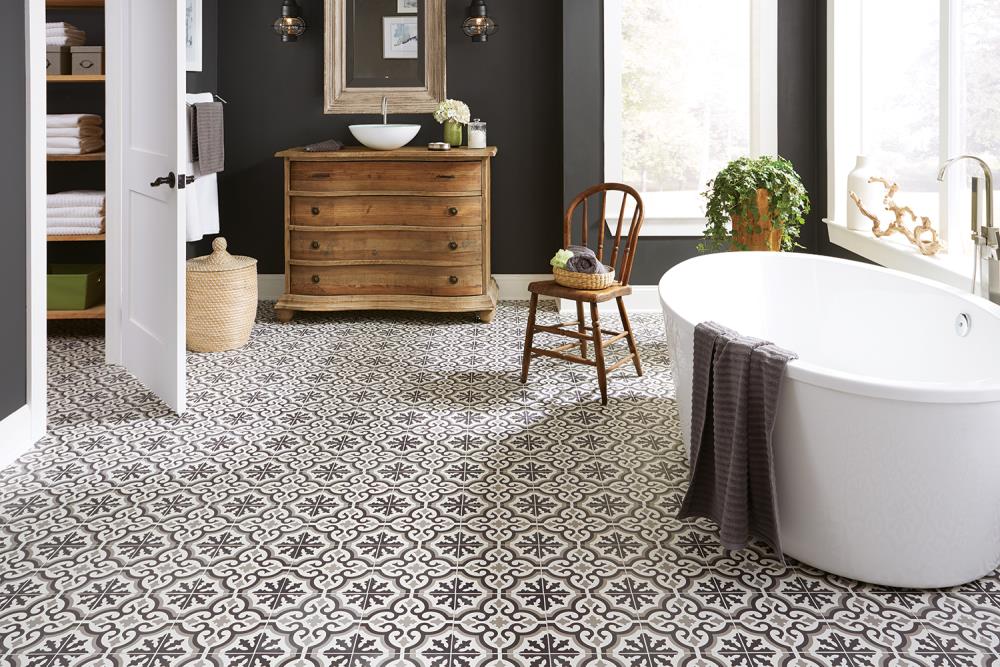 Style Selections Charlotte Black and White 9-in x 9-in Groutable Water Resistant Peel and Stick Vinyl Tile Flooring (0.5625-sq ft)