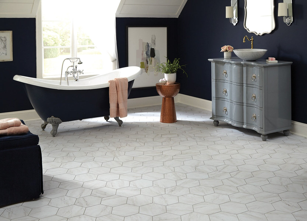 Style Selections Grecian Marble 7-3/4-in x 9-in Groutable Water Resistant Peel and Stick Vinyl Tile Flooring (0.3699-sq ft)