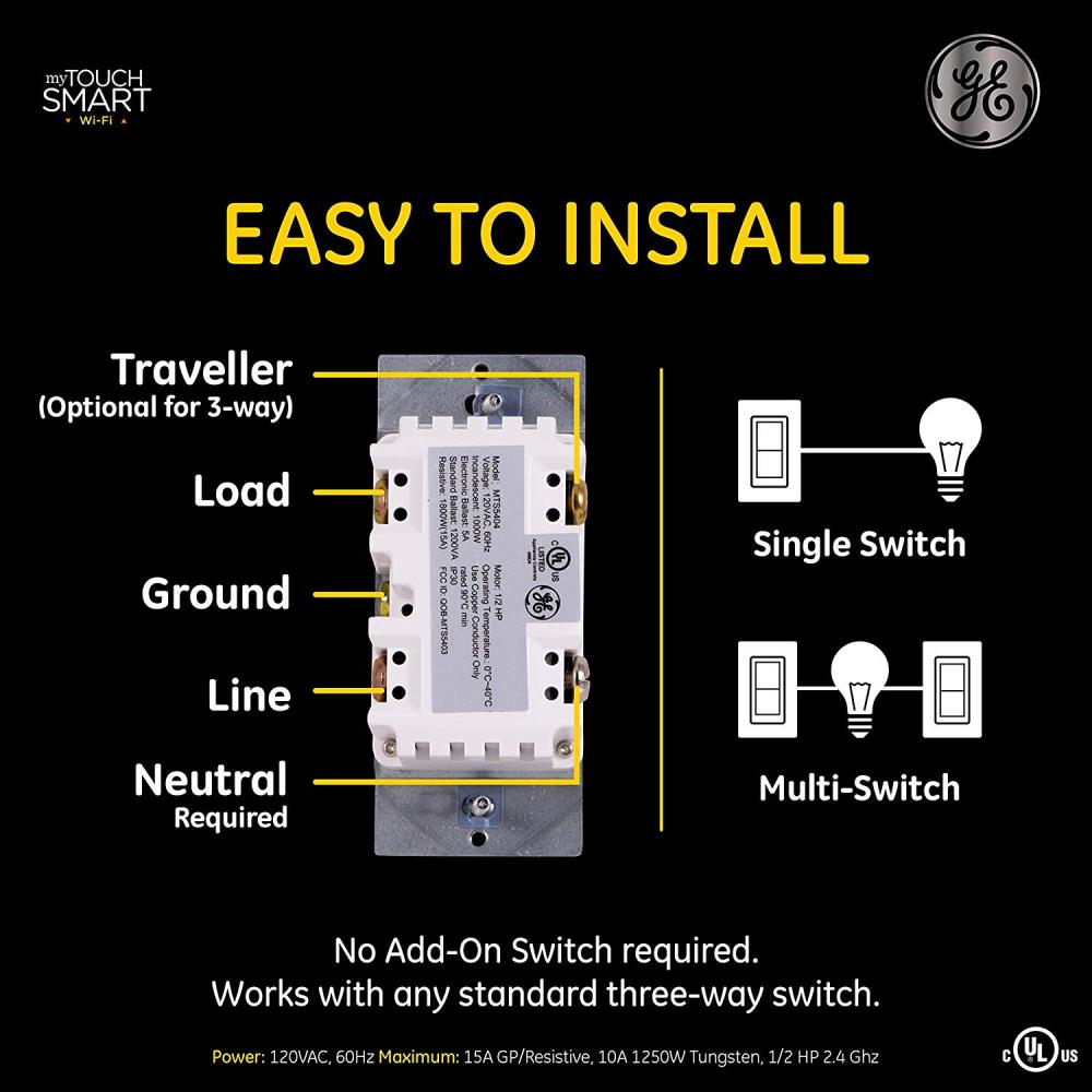 GE myTouchSmart Wi‑Fi Smart 15‑Amp 3‑Way Light Switch, White/Light Almond, Residential/Commercial
