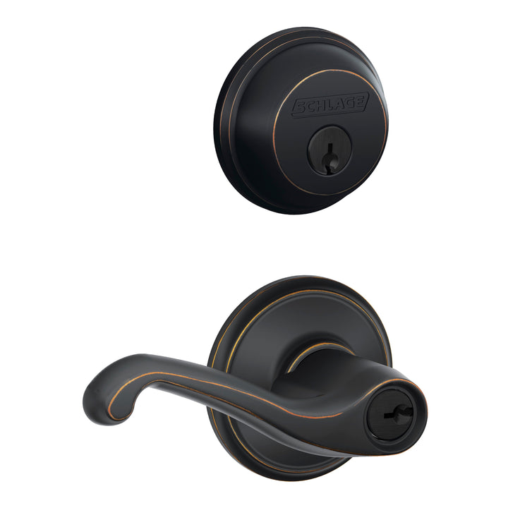 Schlage FB50 Flair Aged Bronze Single-Cylinder Deadbolt & Reversible Keyed Entry Door Lever Combo Pack
