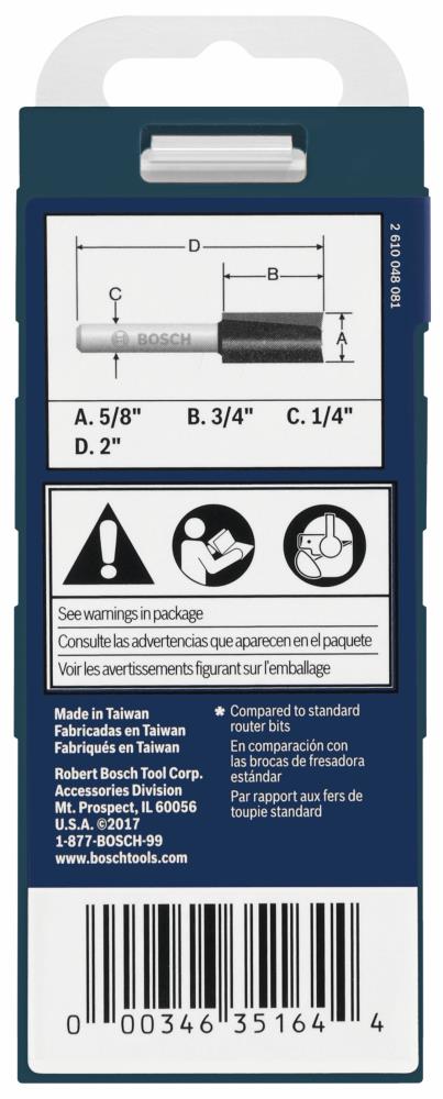 Bosch 5/8-in Carbide-Tipped Straight Router Bit, 1/4-in Shank, 3/4-in CEL
