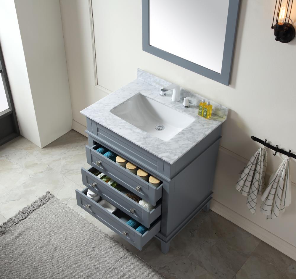 ANZZI Wineck Series 30-in Gray Single Sink Bathroom Vanity with Carrara White Natural Marble Top (Mirror Included)