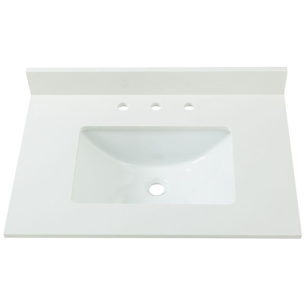 61 in. W Engineered Marble Single Sink Vanity Top in Winter White with White Trough Sink - Super Arbor