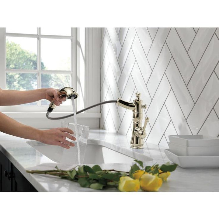 Delta Cassidy Polished Nickel 1-Handle Deck-Mount Pull-Out Handle Kitchen Faucet