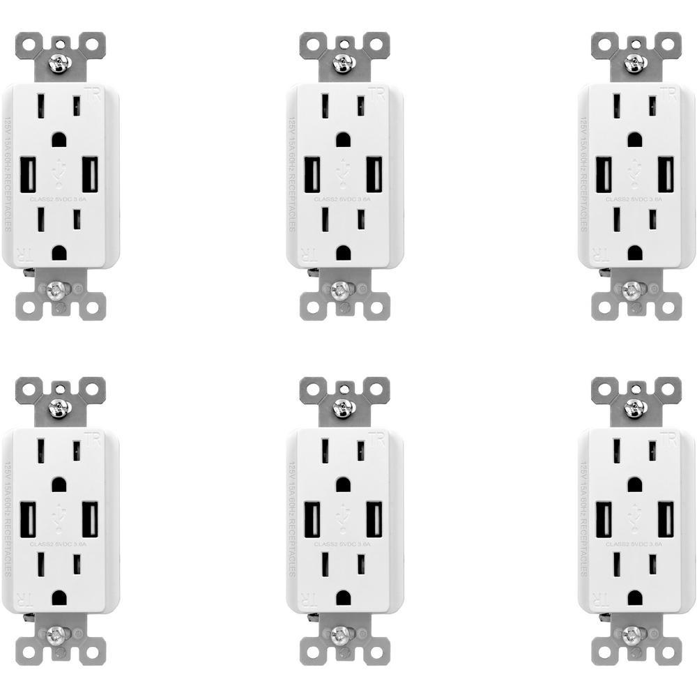 3.6 Amp Dual USB Charger and 15 Amp Receptacle, White (6-Pack) - Super Arbor