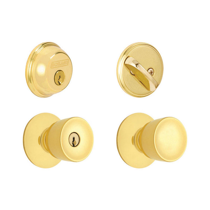 Schlage Bell Bright Brass Knob and Single Cylinder Deadbolt, ANSI Grade 2, 1-3/4 in. Door Thickness