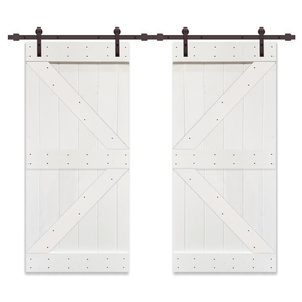 Distressed K Series 36 in. x 84 in. White Stained Solid Pine Wood Double Interior Sliding Barn Door with Hardware Kit - Super Arbor