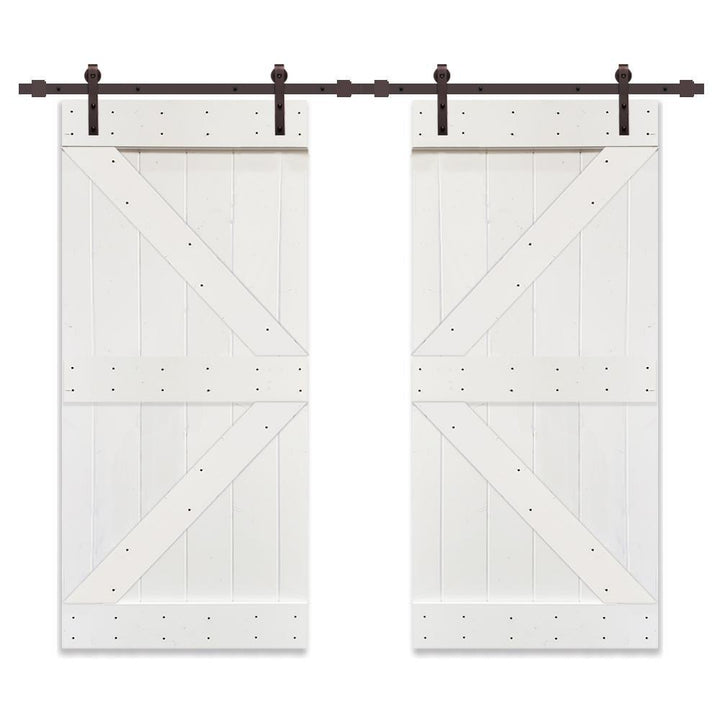 Distressed K Series 36 in. x 84 in. White Stained Solid Pine Wood Double Interior Sliding Barn Door with Hardware Kit - Super Arbor