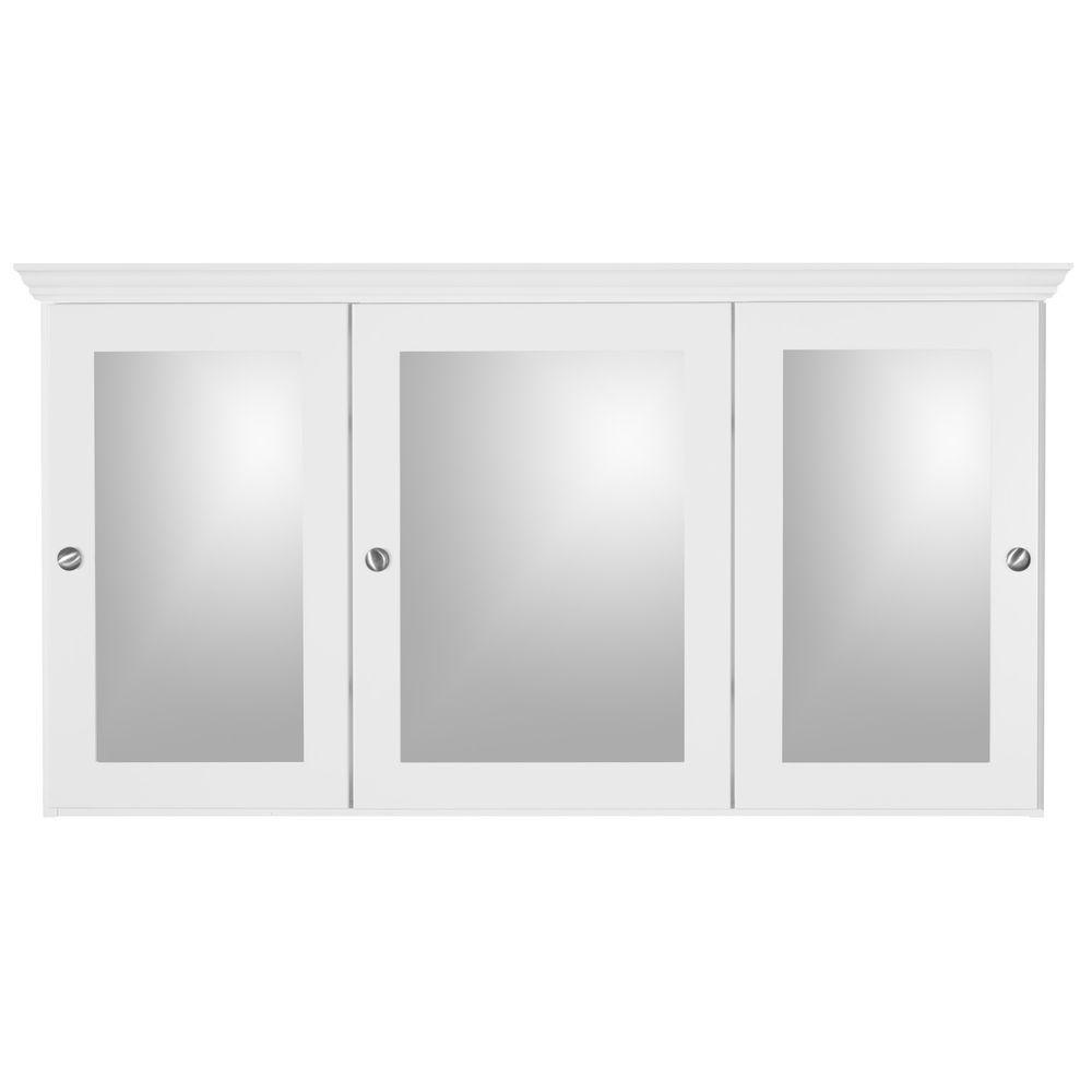 Shaker 48 in. W x 27 in. H x 6-1/2 in. D Framed Tri-View Surface-Mount Bathroom Medicine Cabinet in Satin White - Super Arbor