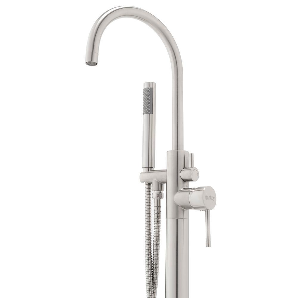 1-Handle Freestanding Floor Mount Tub Faucet Bathtub Filler with Hand Shower in Brush Nickel - Super Arbor