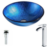 Clavier Series Deco-Glass Vessel Sink in Lustrous Blue with Key Faucet in Brushed Nickel - Super Arbor