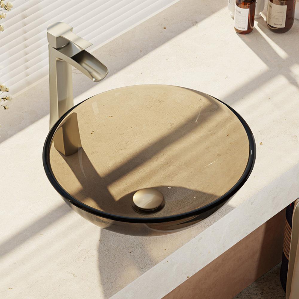 Glass Vessel Sink in Crystal with R9-7007 Faucet and Pop-Up Drain in Chrome - Super Arbor
