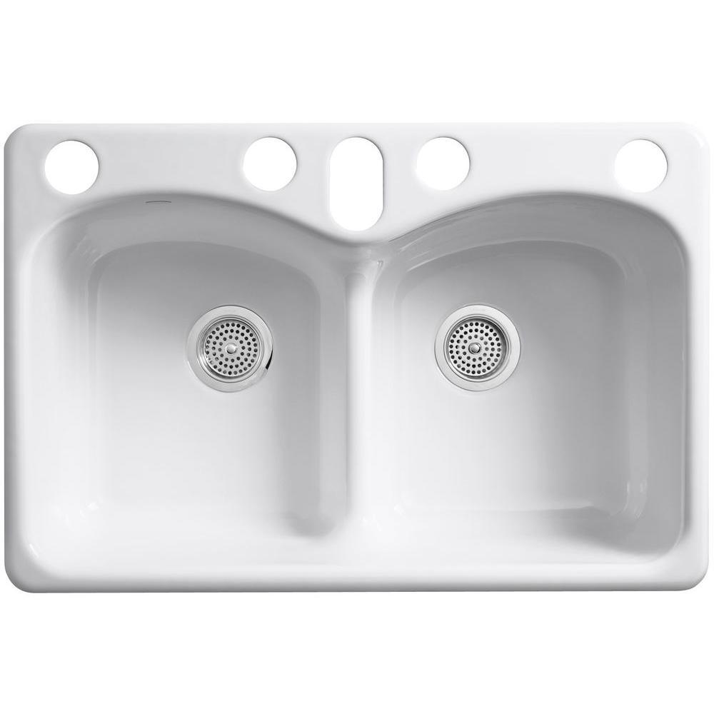 Langlade Smart Divide Undermount Cast Iron 33 in. 6-Hole Double Bowl Kitchen Sink in White - Super Arbor
