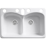 Langlade Smart Divide Undermount Cast Iron 33 in. 6-Hole Double Bowl Kitchen Sink in White - Super Arbor