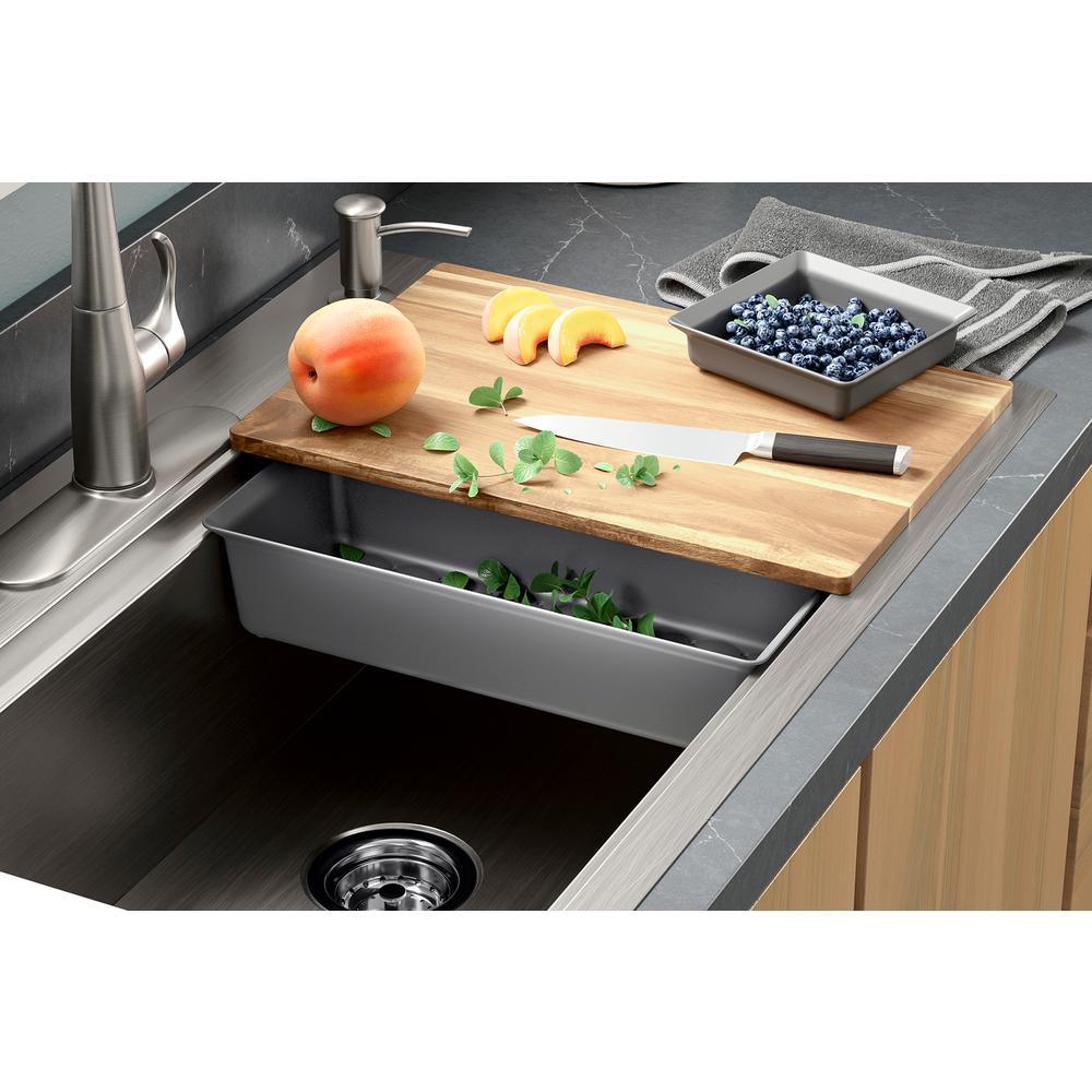 Lyric Dual Mount Workstation Stainless Steel 33 in 4-Hole Single Bowl Kitchen Sink with Integrated Ledge and Accessories - Super Arbor