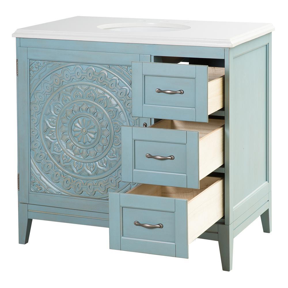 Chennai 37 in. W Single Vanity in Blue Wash with Engineered Stone Vanity Top in Crystal White with White Sink - Super Arbor