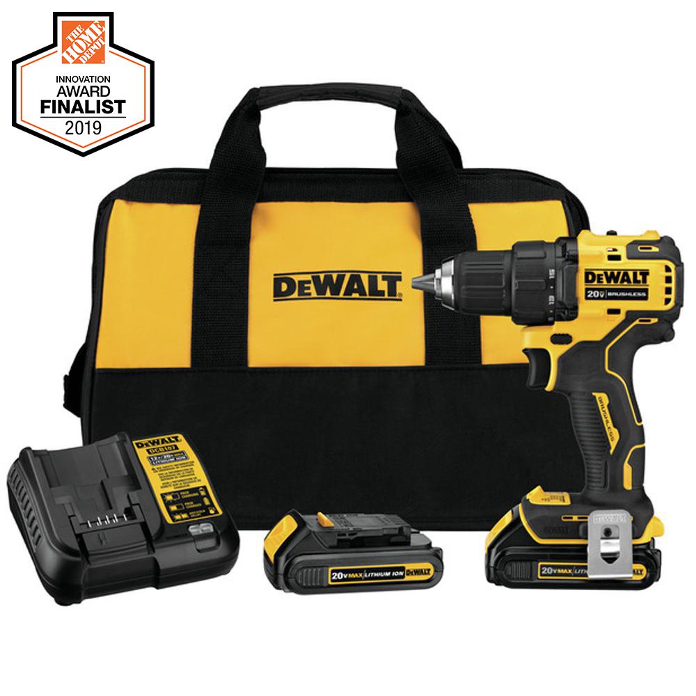 ATOMIC 20-Volt MAX Lithium-Ion Brushless Cordless Compact 1/2 in. Drill Driver w/ (2) Batteries 1.3Ah, Charger & Bag - Super Arbor