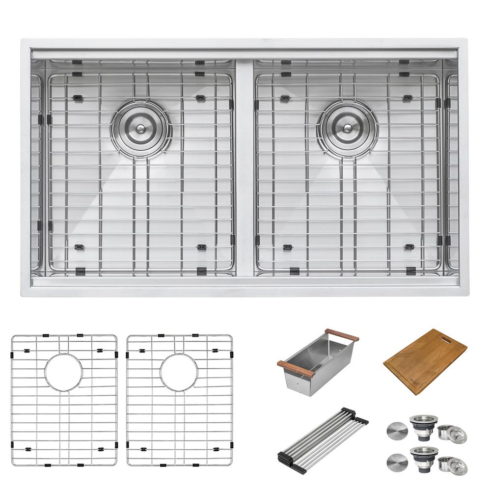 33 in. Double Bowl 50/50 Undermount 16-Gauge Stainless Steel Ledge Workstation Kitchen Sink with Accessories - Super Arbor