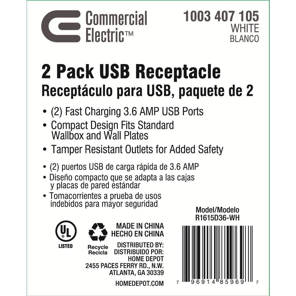 3.6 Amp Dual USB Charger and 15 Amp Receptacle, White (6-Pack) - Super Arbor