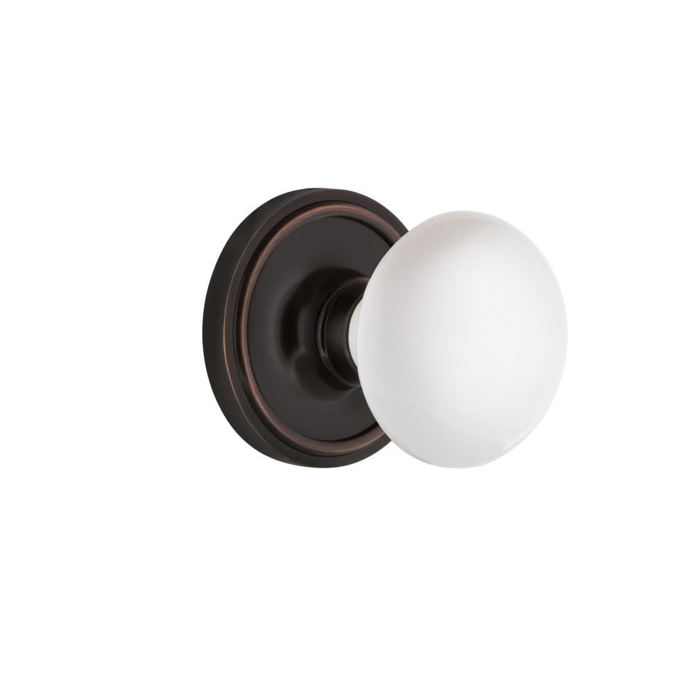 Classic Rosette 2-3/8 in. Backset Timeless Bronze Passage Hall/Closet White Porcelain Door Knob - Super Arbor