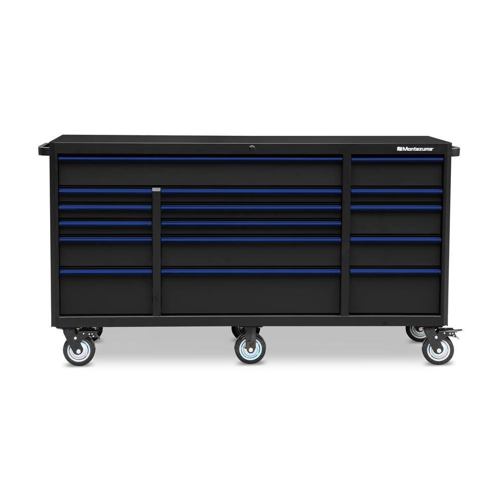72 in. x 24 in. 16-Drawer Roller Cabinet Tool Chest with Power and USB Outlets in Black and Blue - Super Arbor