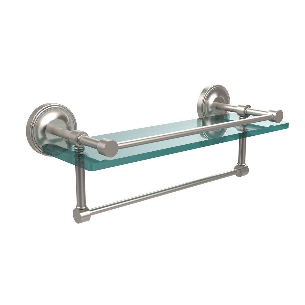 16 in. L  x 5 in. H  x 5 in. W Gallery Clear Glass Bathroom Shelf with Towel Bar in Polished Nickel - Super Arbor