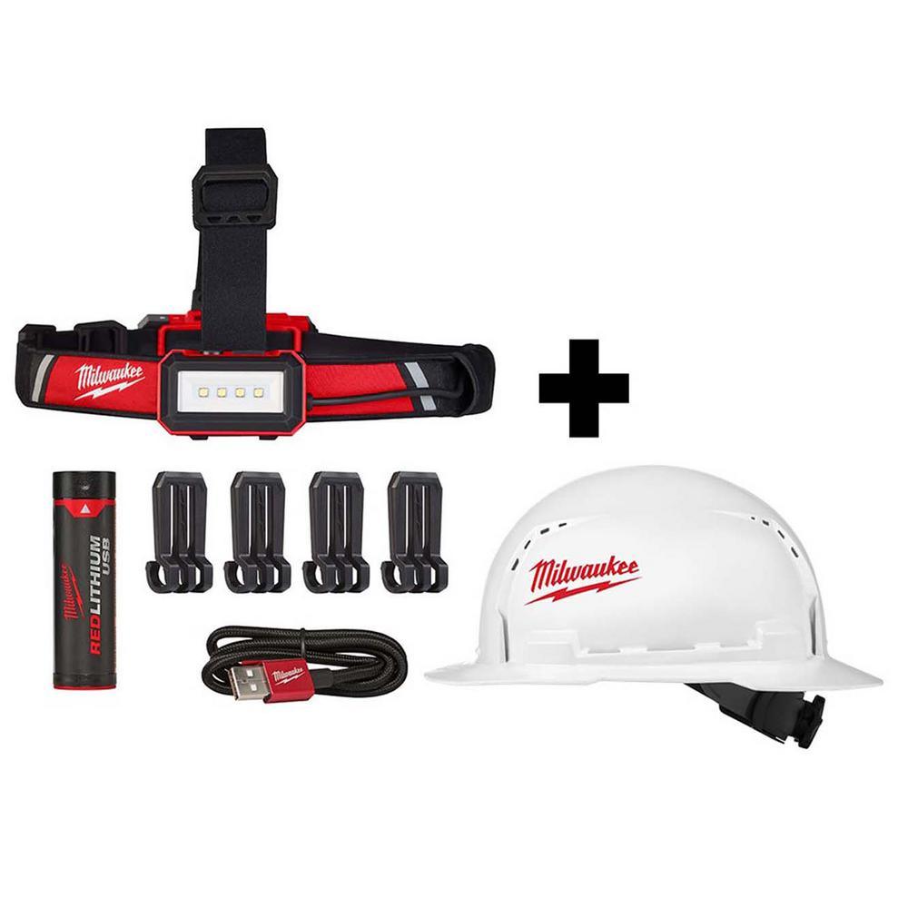 600 Lumens LED USB Rechargeable Low-Profile Hard Hat Headlamp w/BOLT White Type 1 Class C Full Brim Vented Hard Hat - Super Arbor