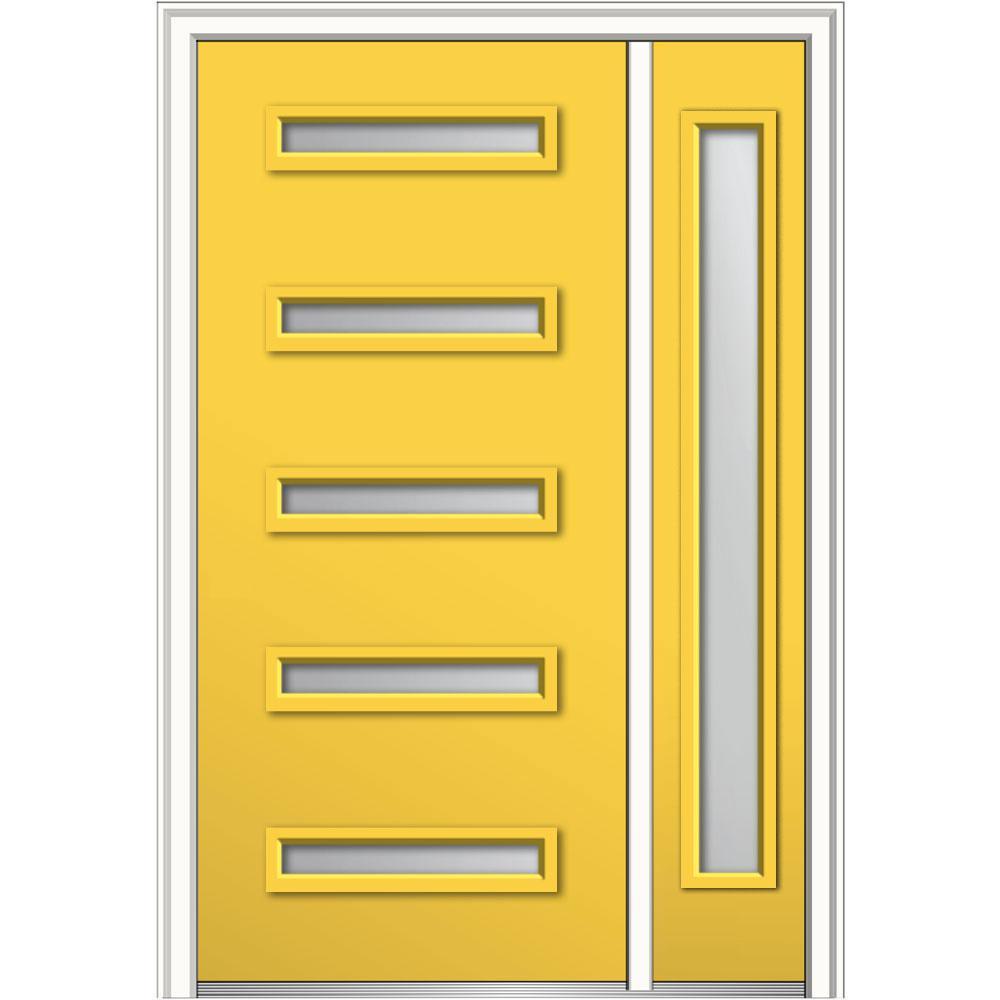 53 in. x 81.75 in. Davina Frosted Glass Left-Hand Inswing 5-Lite Modern Painted Steel Prehung Front Door with Sidelite - Super Arbor
