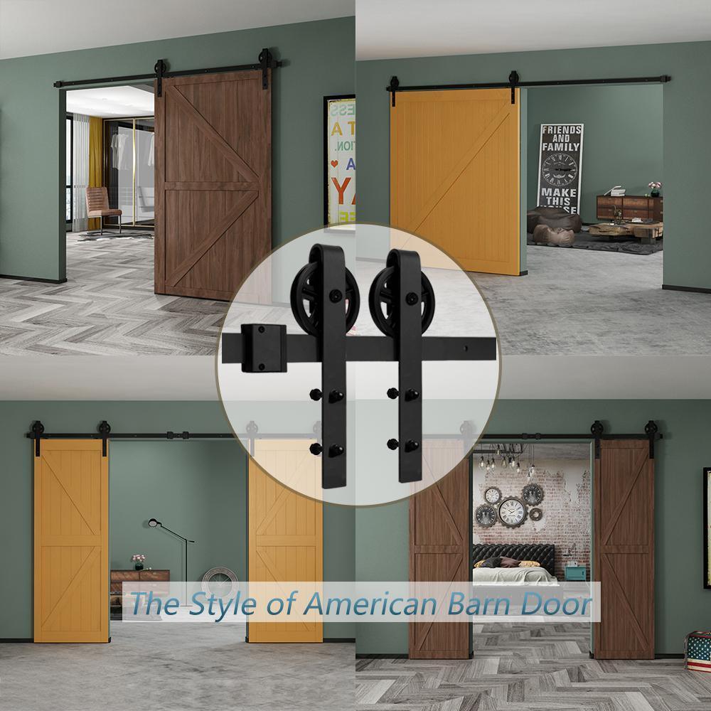 12 ft./144 in. Black Steel Sliding Barn Door Track and Hardware Kit for Double Doors with Floor Guide Bigwheel J Shape) - Super Arbor