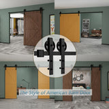 12 ft./144 in. Black Steel Sliding Barn Door Track and Hardware Kit for Double Doors with Floor Guide Bigwheel J Shape) - Super Arbor