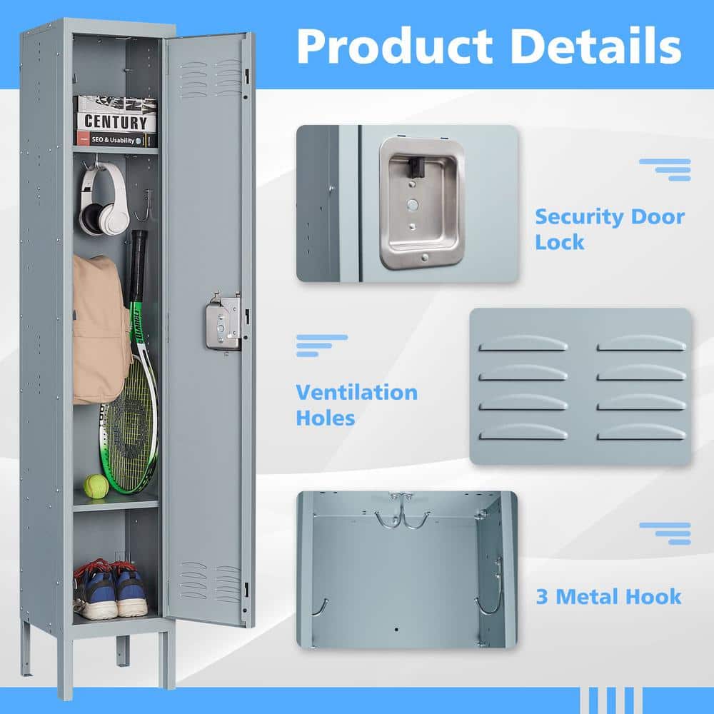 LISSIMO 66 in. 2-Shelf Steel Metal Locker for Home, 1 Door Dressing Room, Gym, Lockable Storage Lockers for Employees in Grey