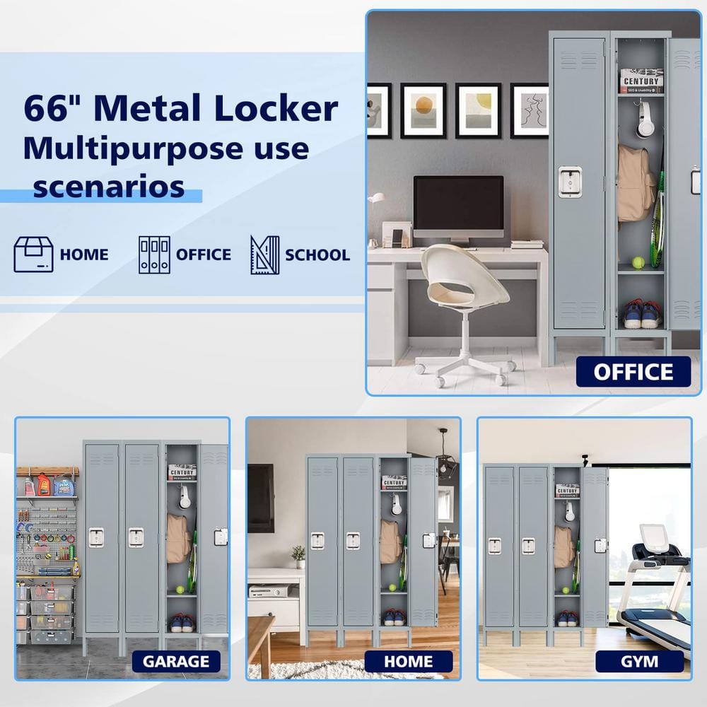 LISSIMO 66 in. 2-Shelf Steel Metal Locker for Home, 1 Door Dressing Room, Gym, Lockable Storage Lockers for Employees in Grey