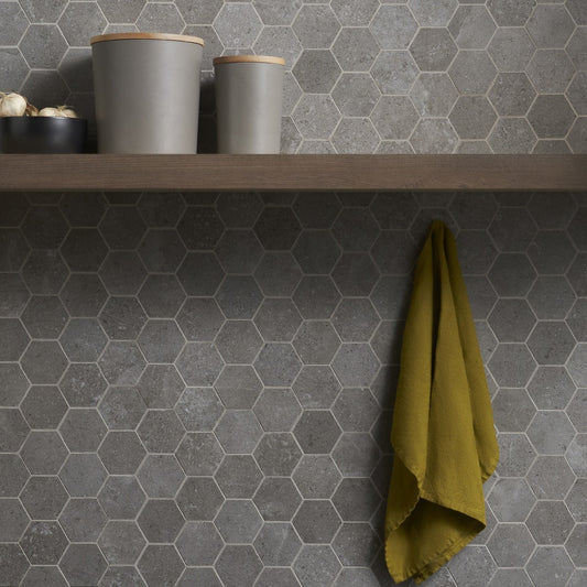 Lux Tile New Rock Fossil Dark Gray 3" Hexagon Matte Porcelain Mosaic Tile