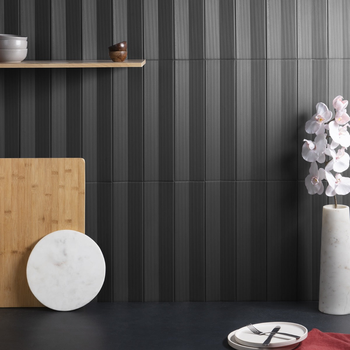 Kinzie Concave Charcoal Black 4x16 3D Matte Ceramic Tile