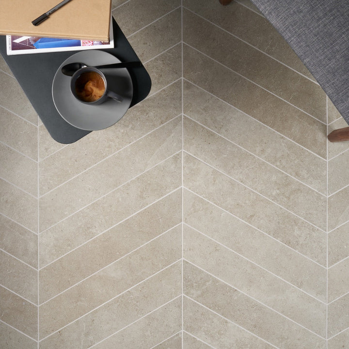 New Rock Tortora Beige 4x21 Chevron Matte Porcelain Tile - Lux Tile