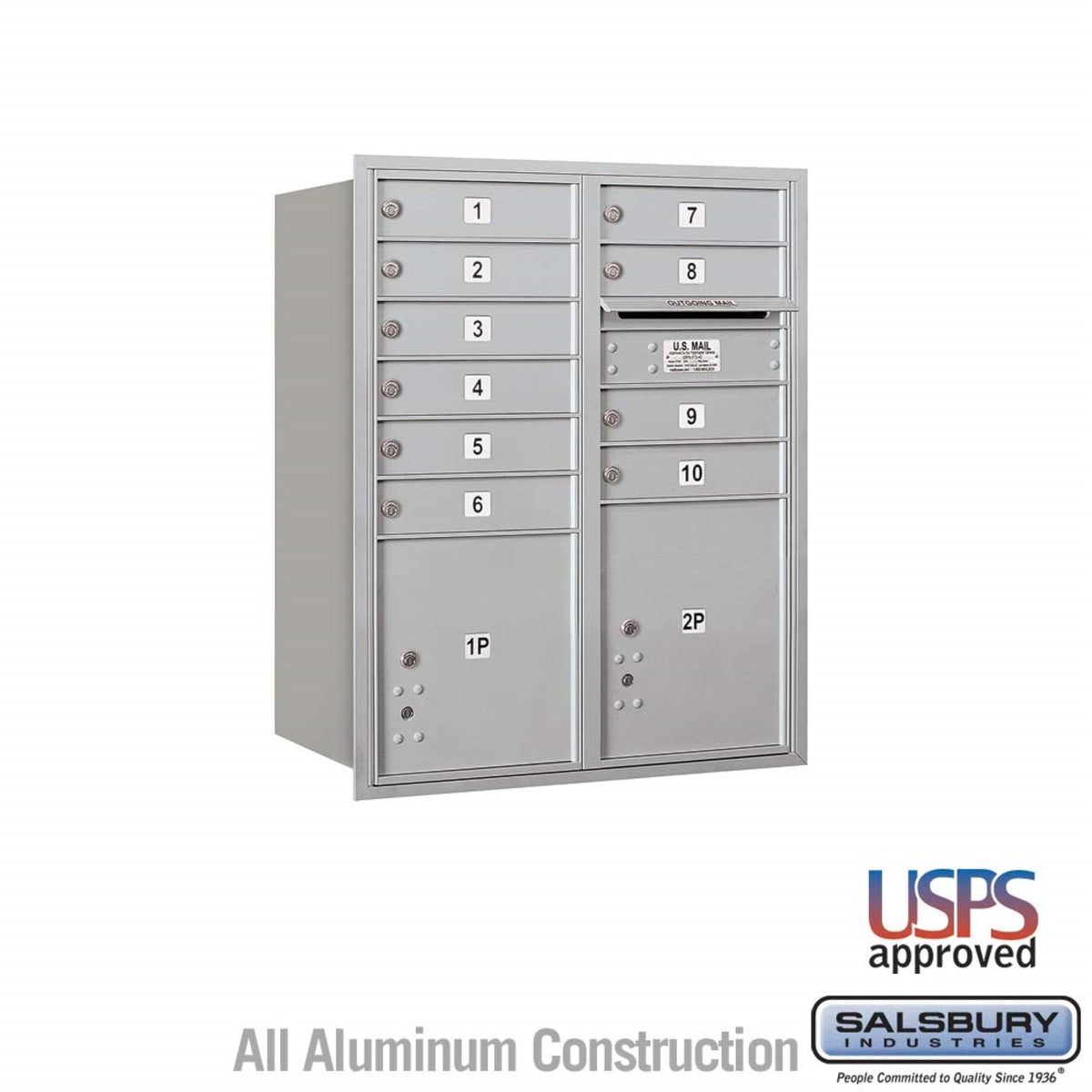 Salsbury Industries 10-Door High Recessed Mounted 4C Horizontal Mailbox with 2 Parcel Lockers, Rear Loading