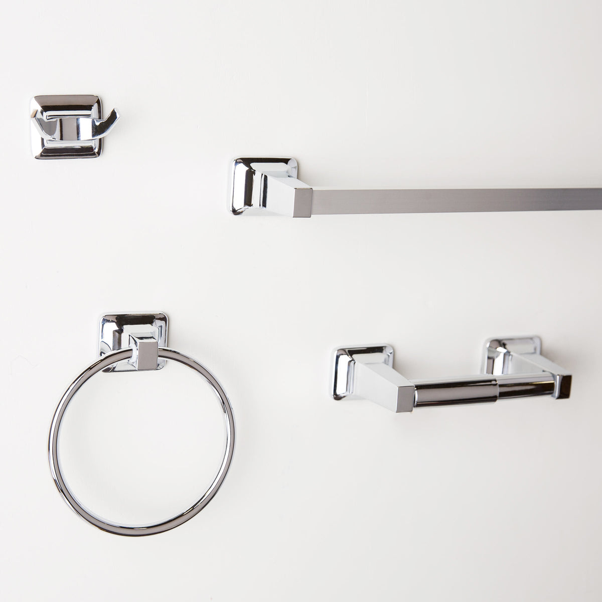 Project Source Seton 4-Piece Chrome Decorative Bathroom Hardware Set – 24-in Towel Bar, TP Holder, Towel Ring, Robe Hook