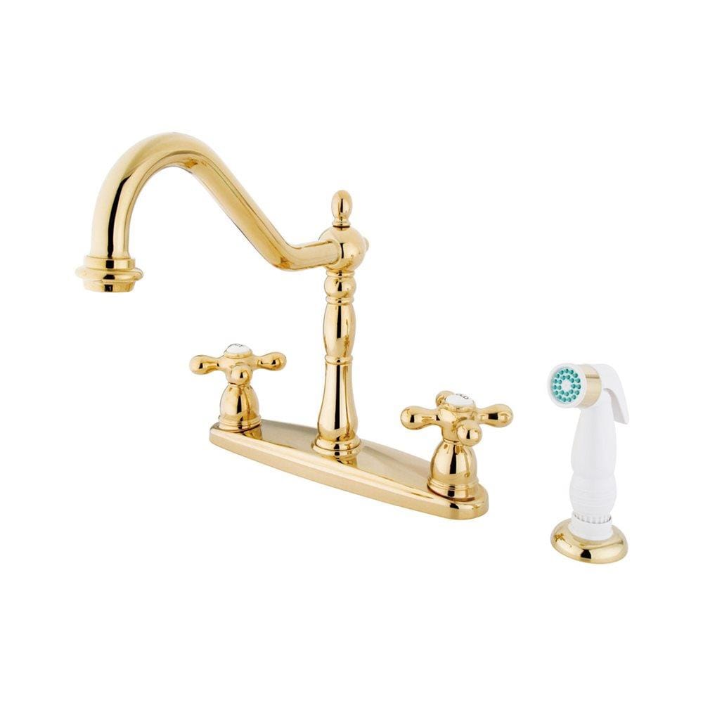 Elements of Design Heritage Polished Brass 2-Handle Deck-Mount Bridge Kitchen Faucet with Deck Plate and Side Spray