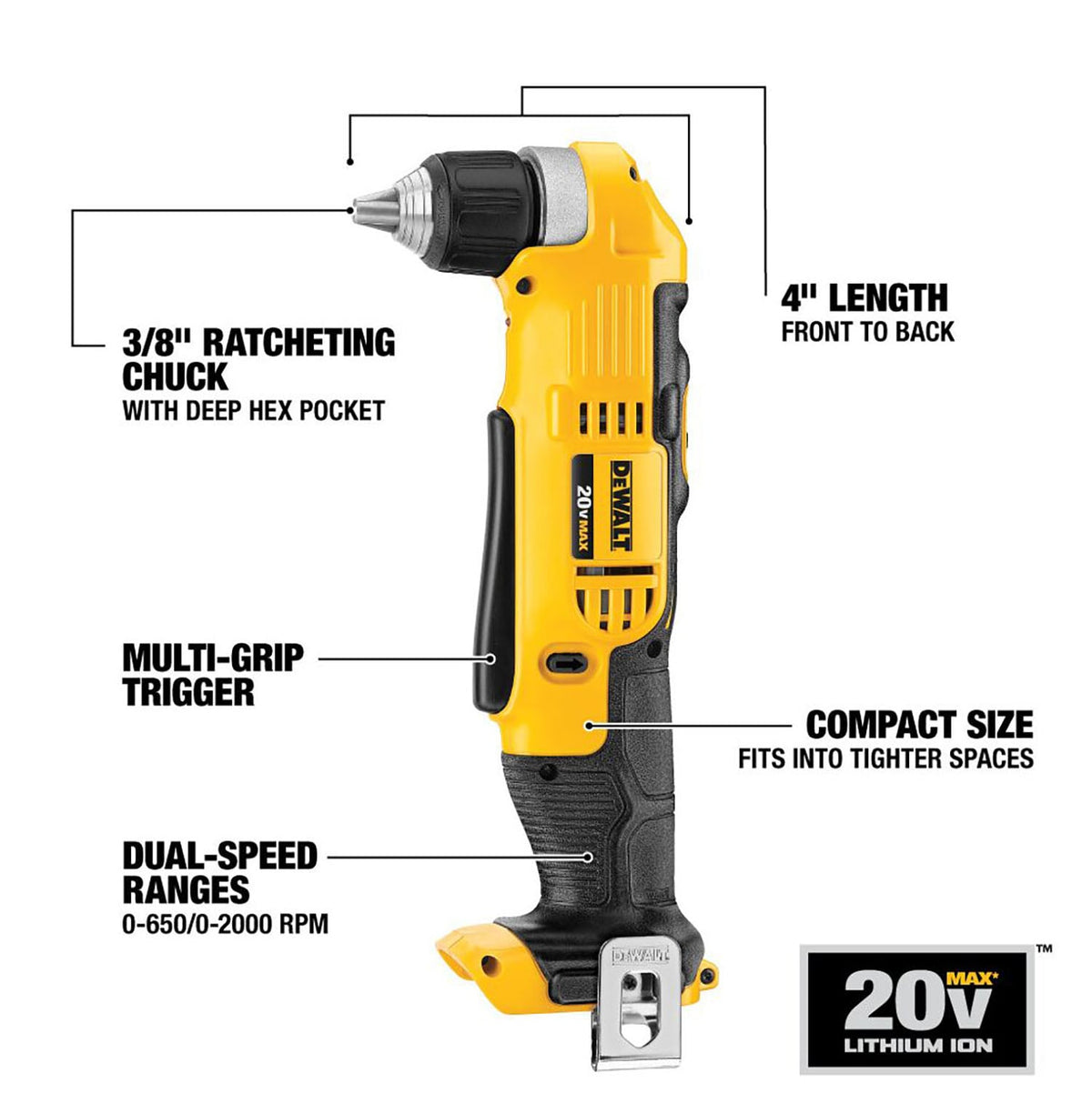 DEWALT 20-Volt MAX 3/8-in Right Angle Cordless Drill/Driver, DCD740B