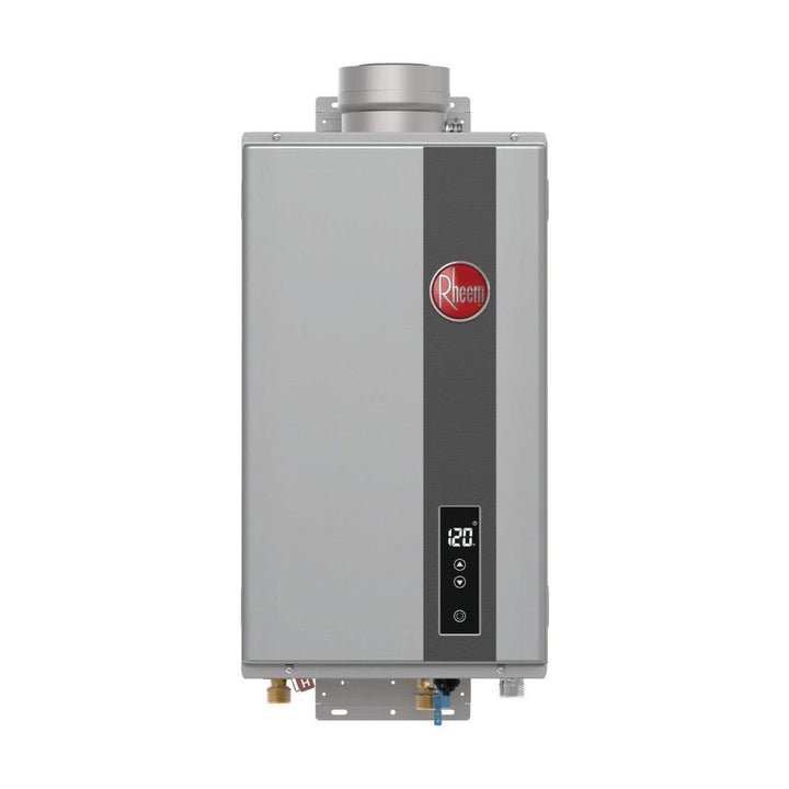 Rheem RRTG84DVLP3701251 180 MBH Indoor Non-Condensing Propane Gas Tankless Water Heater shown centered on a square white background