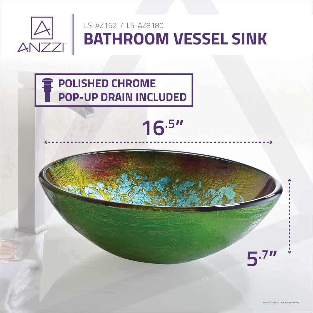 ANZZI Tara Deco-Glass Vessel Sink in Glacial Blaze, Round 16.5 in. x 5.7 in. with Drain