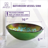 ANZZI Tara Deco-Glass Vessel Sink in Glacial Blaze, Round 16.5 in. x 5.7 in. with Drain
