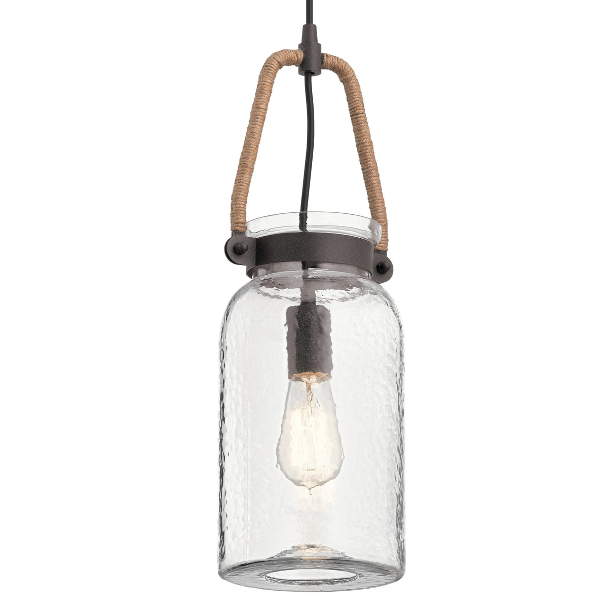 Kichler Clove Hitch Weathered Bronze Farmhouse Clear Glass Cylinder Pendant Light, 19.25-in H x 6.5-in W