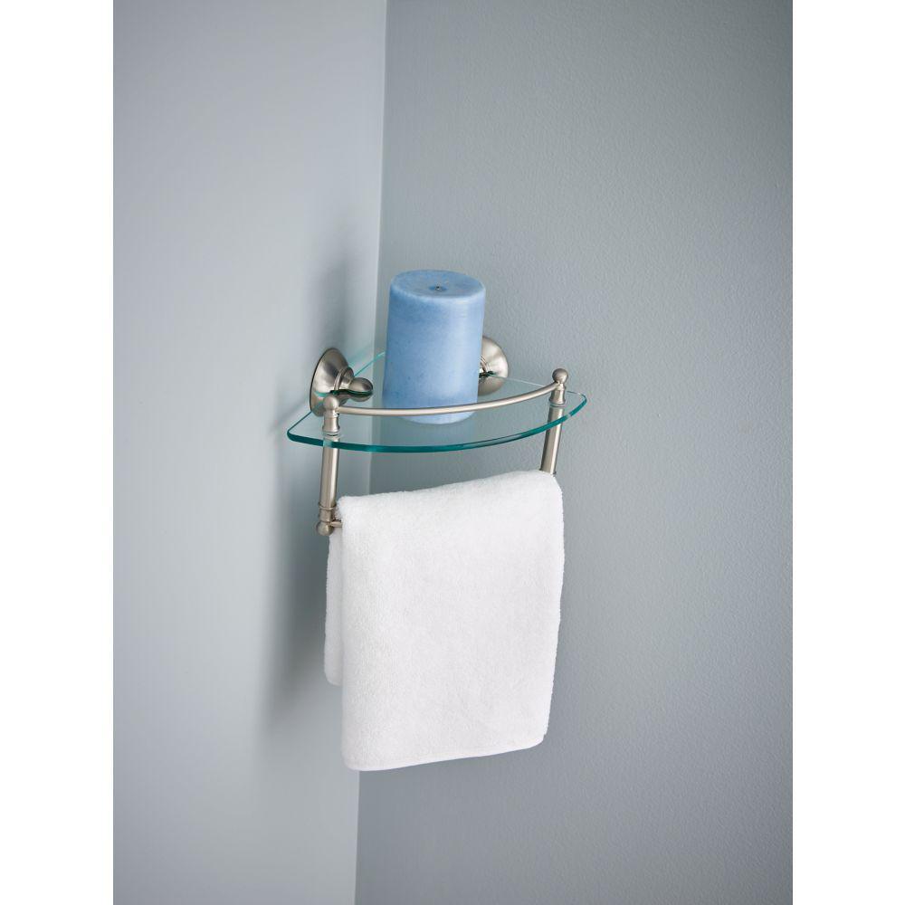 8 in. W Glass Corner Shelf with Hand Towel Bar in Brushed Nickel - Super Arbor