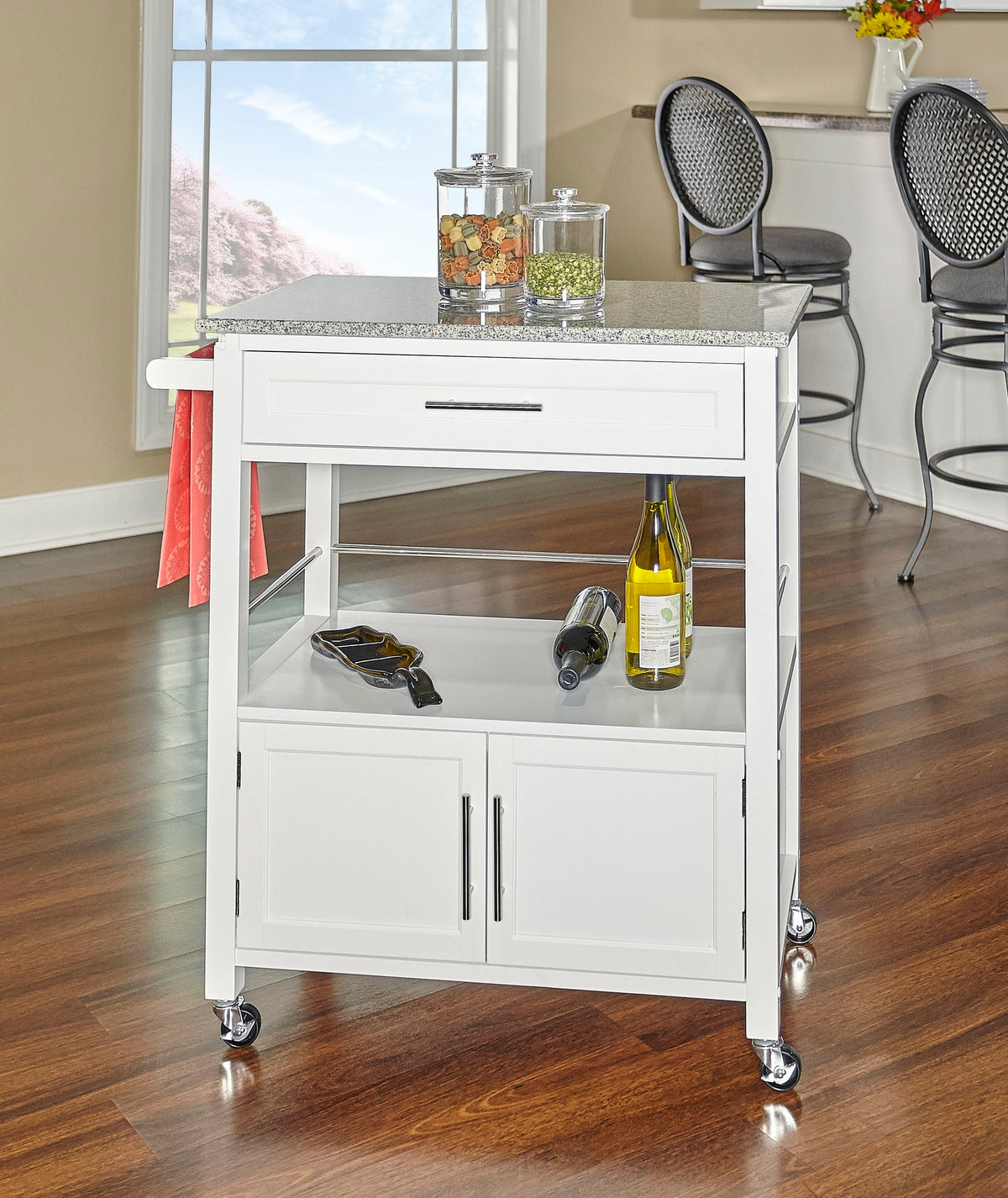 Linon White Wood Base with Granite Top Rolling Kitchen Cart (18-in x 33-in x 36-in)