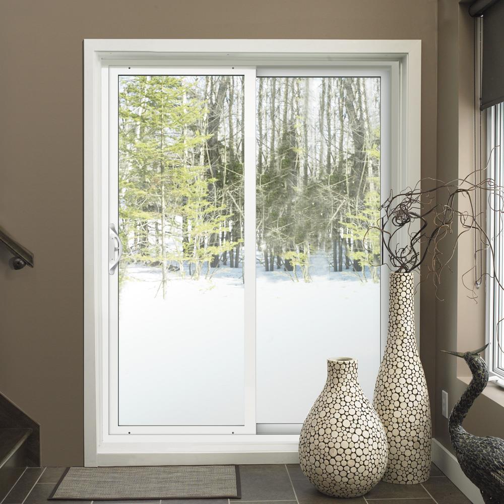 JELD-WEN V-2500 96-in x 80-in x 4-9/16-in Jamb White Vinyl Right-Hand Sliding Double Patio Door with Low-E Glass, Screen Included