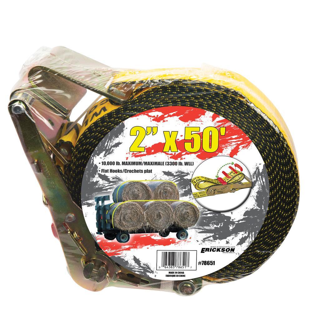 2 in. x 50 ft. 10,000 lbs. Ratchet Strap with Web Clamp Flat Hooks - Super Arbor