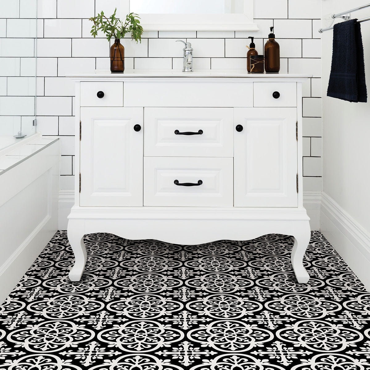 FloorPops Black and White 2.76-mil x 12-in W x 12-in L Water Resistant Peel and Stick Vinyl Tile Flooring