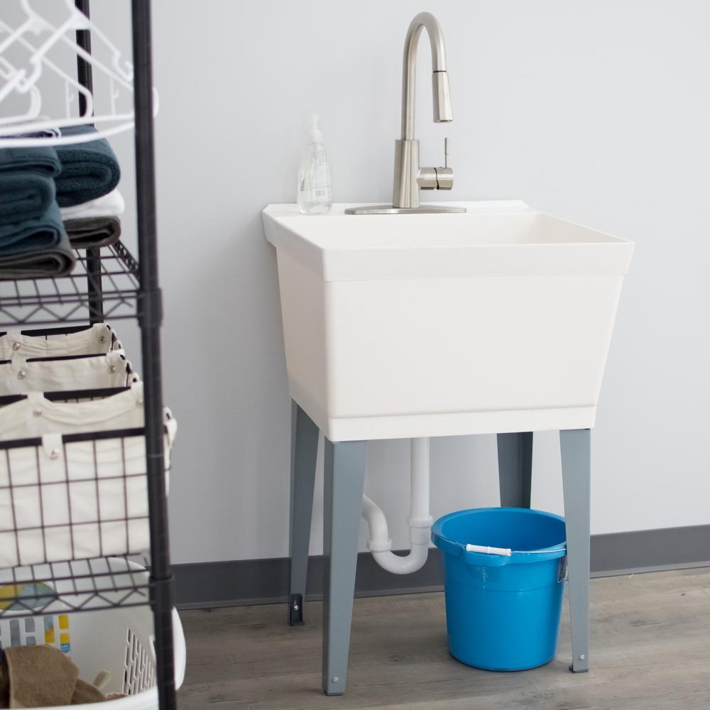 Complete 22.875 in. x 23.5 in. White 19 Gal. Utility Sink Set with Metal Hybrid Stainless Steel Pull-Down Faucet - Super Arbor